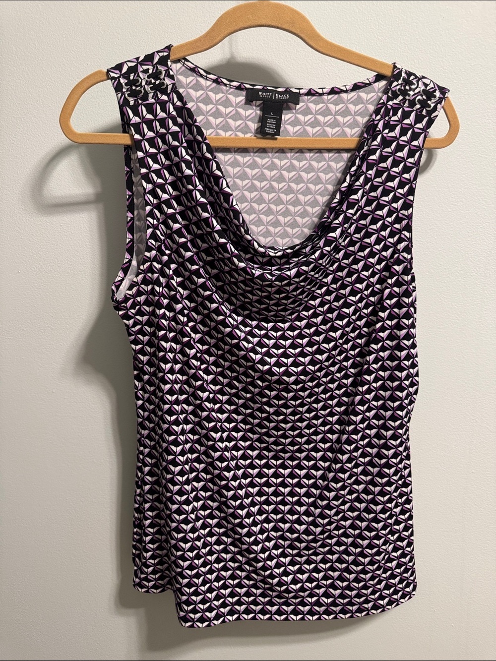 White House Black Market Black and Purple Geometric Cowl Neck Tank